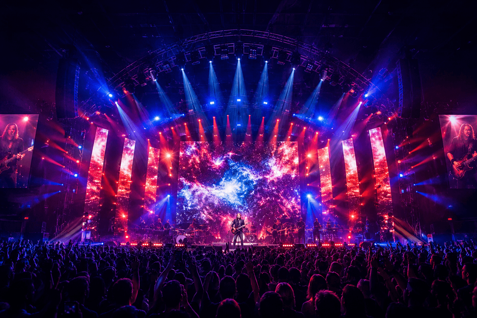 Large concert arena with layered red and blue stage lighting