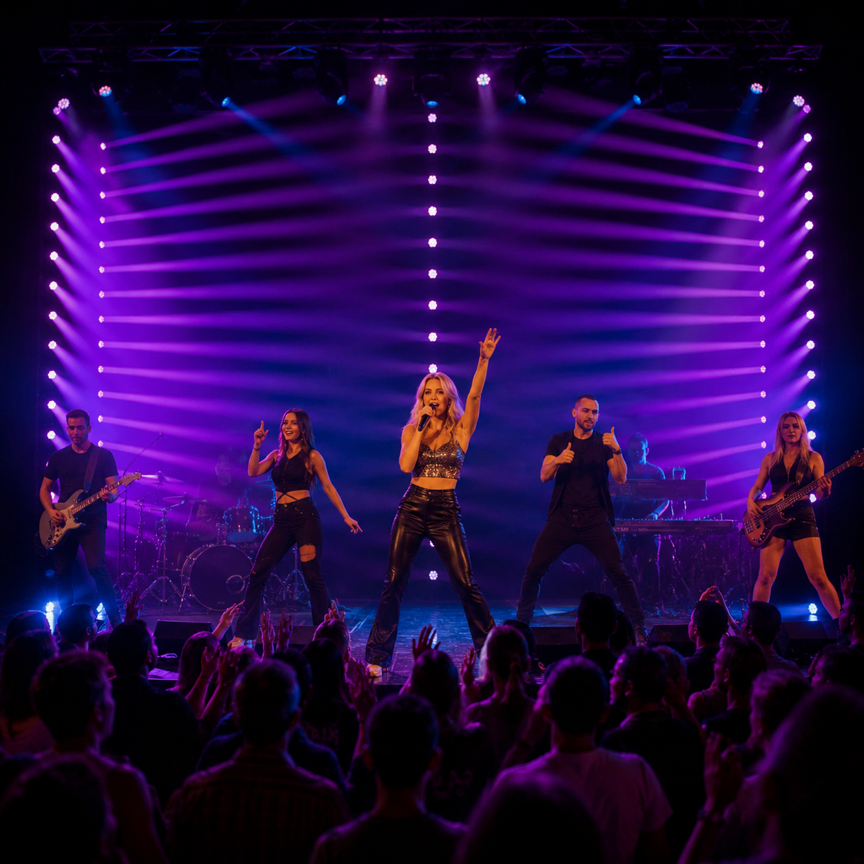 Live performance with purple wash lighting and symmetrical aerial beams
